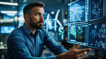 technician analyzing data on multiple screens in control room, showcasing advanced technology and focused expression. environment reflects modern workspace with digital interfaces