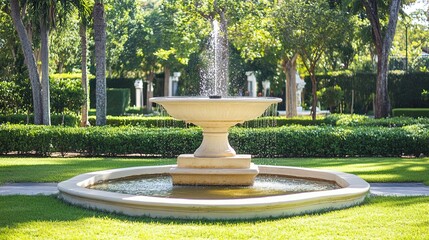 A stunning water fountain with cascading streams, creating a tranquil and refreshing atmosphere. The design showcases intricate details, with water flowing gracefully in layers, embodying elegance 