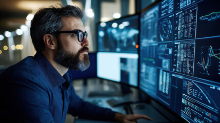 focused man working on multiple computer screens displaying data and analytics in modern office environment. His concentration reflects importance of technology in todays world