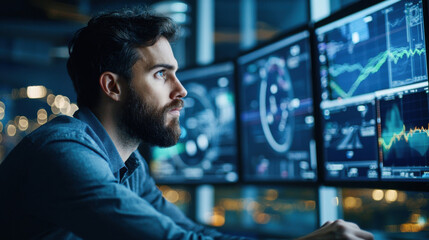 Data analyst focused on financial graphs and charts, analyzing trends and making decisions. atmosphere is intense and professional, highlighting importance of data in modern business