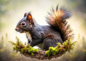 Obraz premium Closeup Double Exposure of a Tiny Black Squirrel with Furry Tail on Isolated Background, Nature Photography, Wildlife, Animal Portrait 