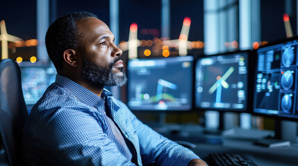 wind turbine technician monitors data on multiple screens in control room, showcasing focused expression amidst backdrop of illuminated wind turbines
