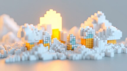 Obraz premium Abstract Cityscape with Pixelated Buildings and Clouds