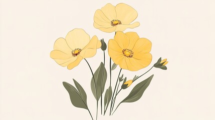 A vibrant and cheerful illustration of yellow flowers, capturing the bright and lively essence of nature. The flowers, with their rich yellow petals, are depicted in a realistic yet artistic style,