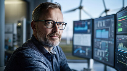 wind turbine technician monitors data on multiple screens, showcasing integration of technology and renewable energy. focused expression reflects dedication to sustainable practices