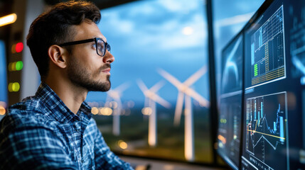 wind turbine technician monitors data on multiple screens, showcasing blend of technology and renewable energy. serene evening backdrop highlights importance of sustainable practices