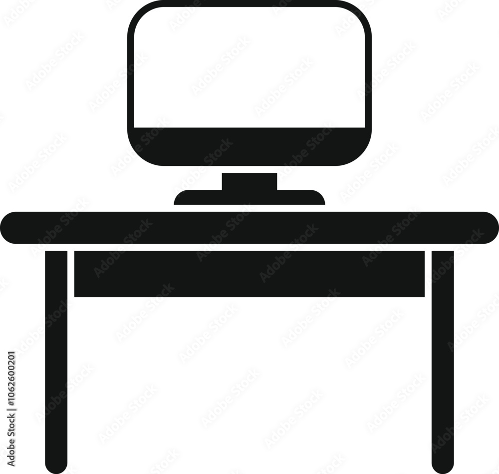 Poster simple black vector icon of a computer monitor placed on a desk, representing a workspace