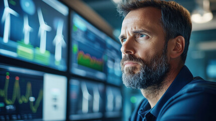 wind turbine technician monitors data on multiple screens, analyzing performance metrics and trends in renewable energy. His focused expression reflects importance of his work in sustainable