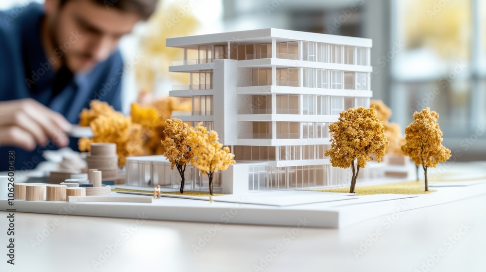 Poster a model of a modern building surrounded by vibrant trees, showcasing architectural design and creati