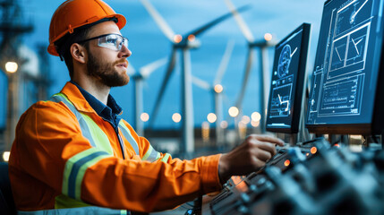 wind turbine technician operates control panels while monitoring wind energy systems. scene captures dedication and focus required in renewable energy management