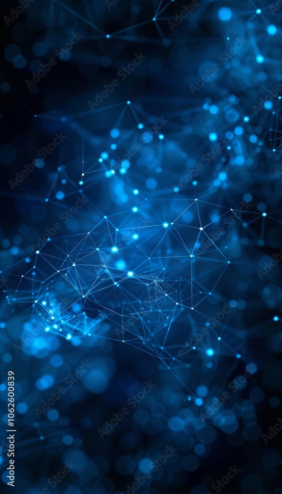 Poster illuminated blue shapes and dots create a captivating abstract background, showcasing intricate netw