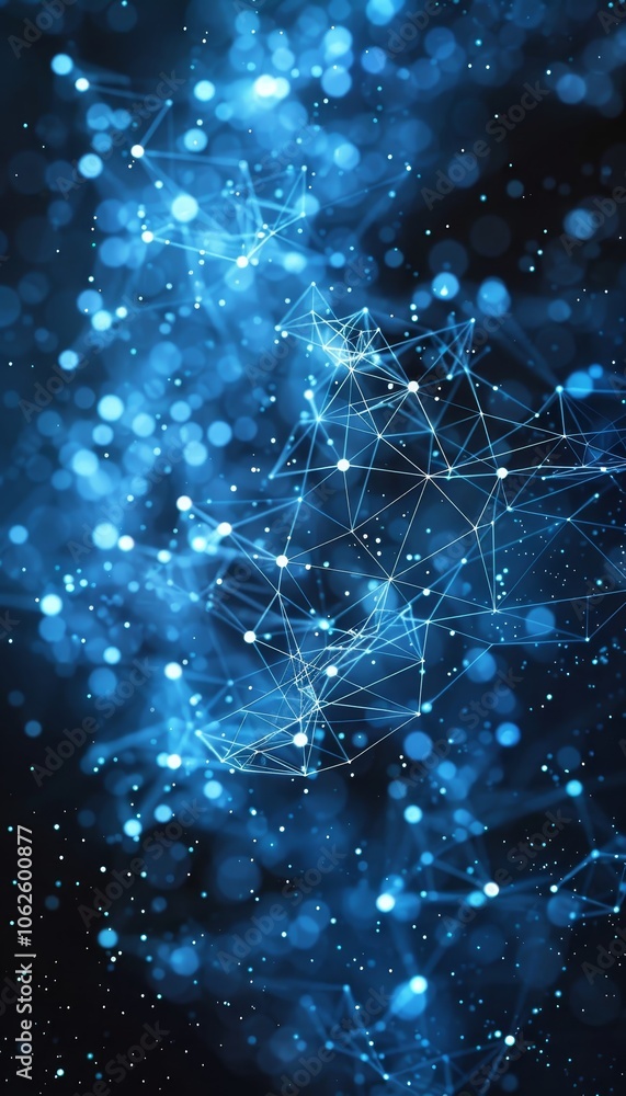 Poster a stunning array of abstract blue patterns with glowing nodes and intricate connections on a dark ba