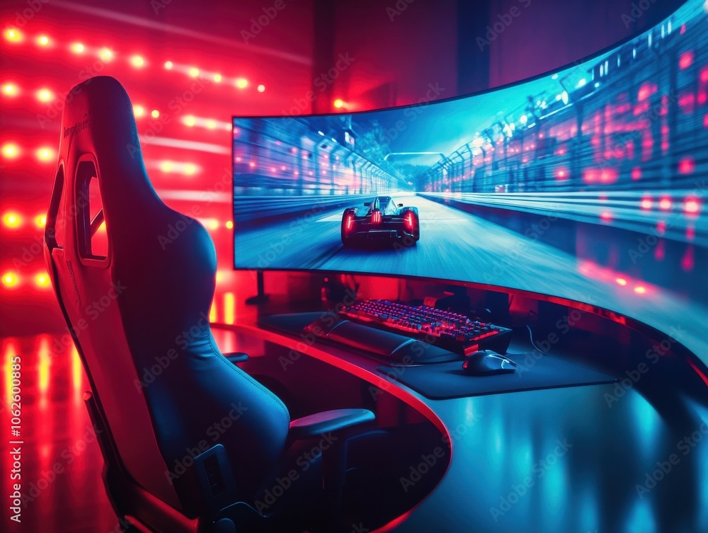 Poster a modern gaming setup featuring a curved monitor, racing game simulation, and vibrant led lighting i