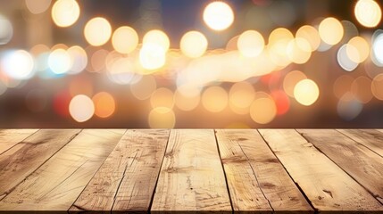 Showcase your products on this empty wood table, perfect for any night party vibe with a blurred background.