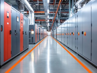 Obraz premium A modern factory interior showcasing neat rows of electrical cabinets and a clean, well-lit environment.