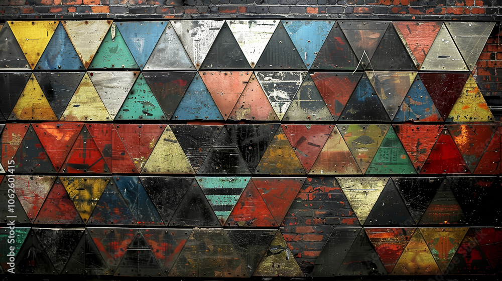 Poster a vibrant display of colorful triangular metal panels arranged in a striking pattern. the panels fea