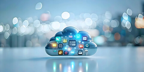 Fototapeta premium Cloud Developer Creating Cloud Apps Laptops Tablets High-Tech Office Bokeh Digital Art Background Ample Copy Space App Development Cloud Integration Photo Stock Concept