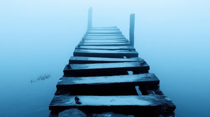 Misty Wooden Dock Extending Into Foggy Lake