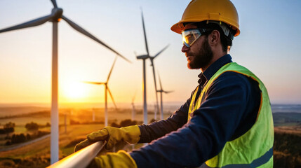 wind turbine technician wearing safety helmet and reflective vest observes sunset while working on wind farm. scene captures dedication and focus of renewable energy professionals