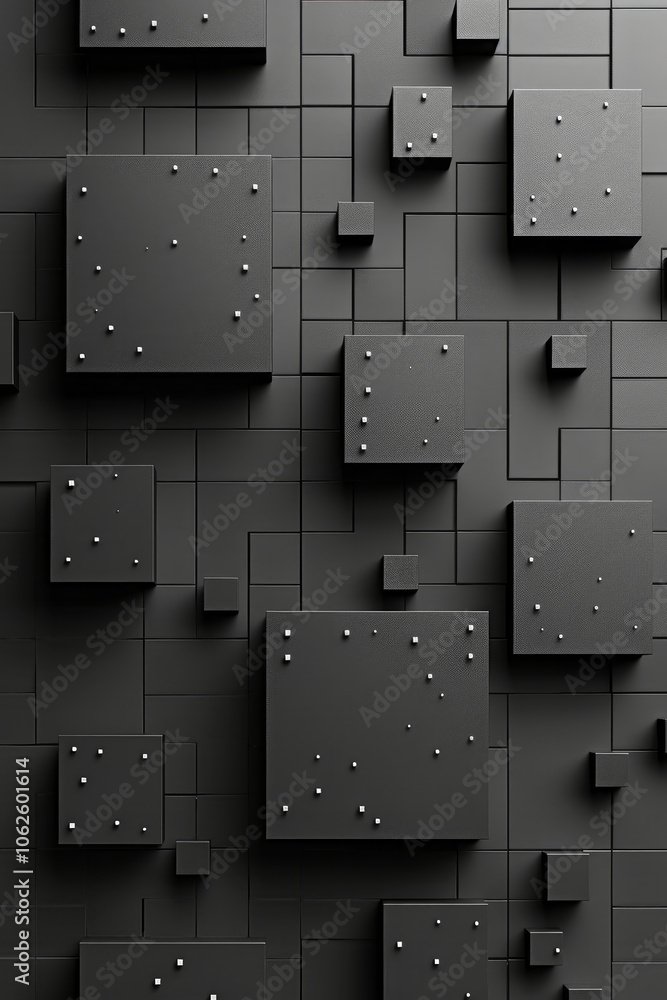 Aufkleber a modern black wall displays an arrangement of various-sized squares and smaller cubes, complemented