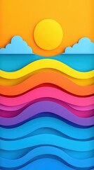 Abstract Wavy Paper Sunset Landscape  Colorful Waves  Summer Background Design