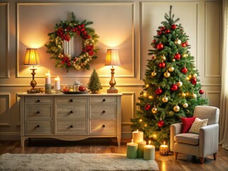 Cozy Christmas Living Room Decor with Tree, Wreath, Candlestick, and Toys - Festive Interior Design Inspiration for Holiday Decorations