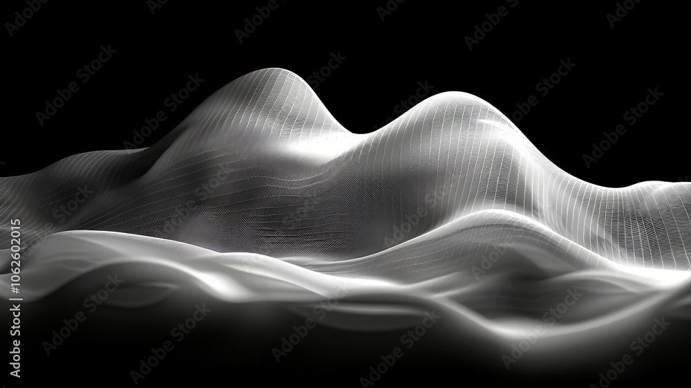 Poster the artwork showcases fluid wave-like forms in shades of white and gray, creating an abstract and se