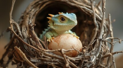 Obraz premium Small dragon emerging from cracked egg in twig nest