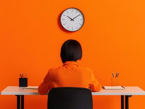 A person sitting at a desk against an orange wall, focused on work with a clock in view, symbolizing time management.
