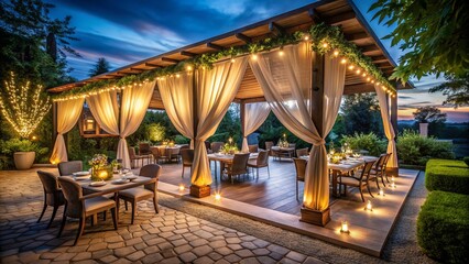 Obraz premium Cozy Outdoor Dining with Infrared Lamps Under Canopy, Soft Warm Lights, Evening Ambiance, Relaxed Atmosphere for Guests, Panoramic Photography of Illuminated Space