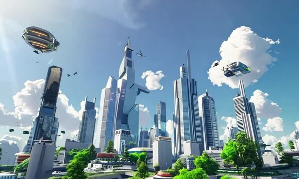 Futuristic cityscape with floating structures, greenery, and advanced technology in a vibrant sky.