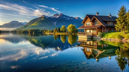 Fototapeta premium Wide-angle house near lake and mountains