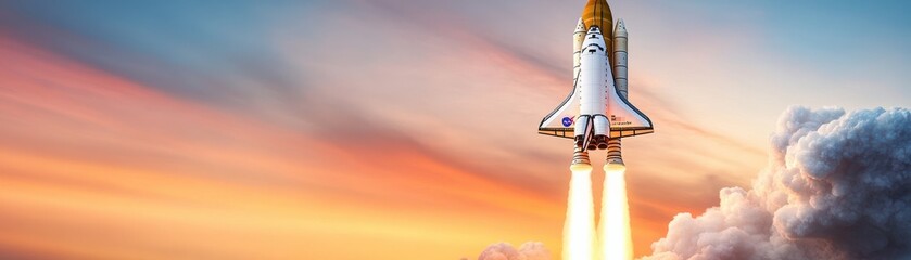 A powerful rocket launching into the sky, leaving a trail of smoke against a vibrant sunset background.