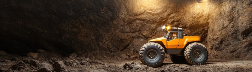 Fototapeta premium A powerful orange monster truck positioned in a dark mining site, showcasing its impressive size and rugged design.