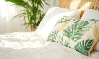 Jungle bedroom interior with close-up view of vibrant green tropical palm leaves, Generative AI 