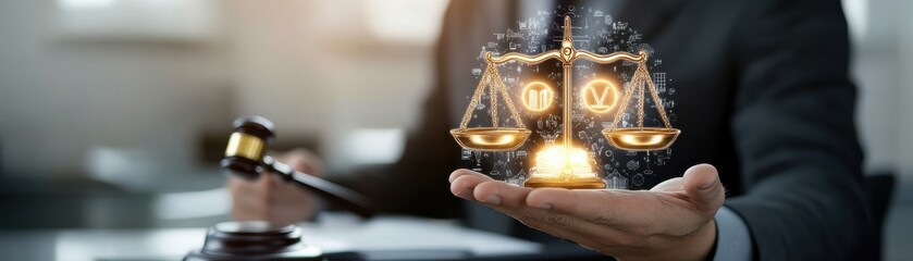 A professional holding a glowing scale icon, symbolizing justice and law with a gavel in the background.