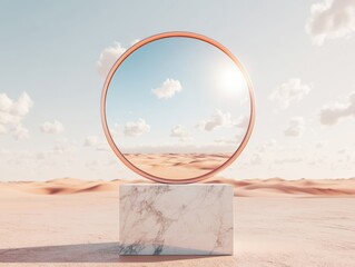 A reflective circular mirror atop a marble base in a serene desert landscape under a bright sky with soft clouds.