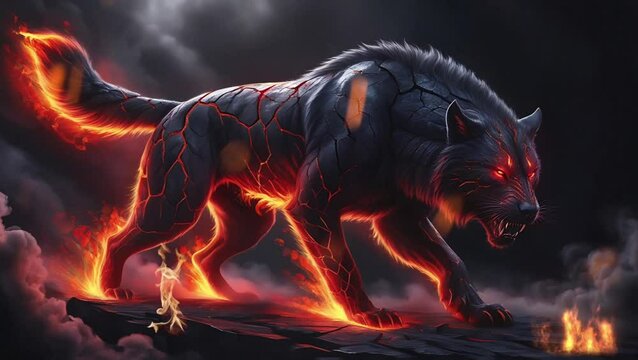 The wolf monster is burning on fire. Seamless 4K looping timelapse video animation background