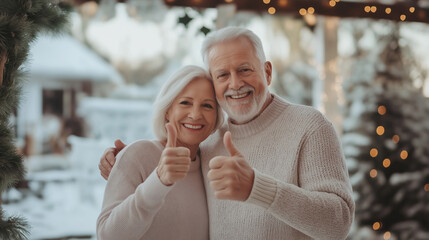 Joyful elderly couple celebrating the winter holidays outdoors with thumbs up in a snow-covered setting.