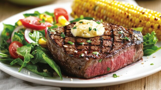 Juicy Sirloin Steak on White Plate with Fresh Vegetables