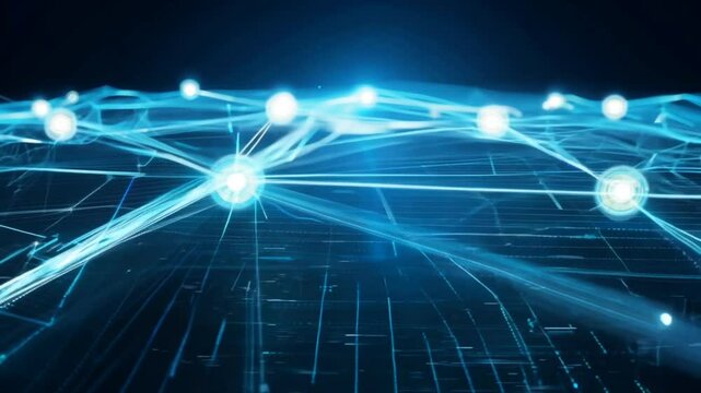 Connected glowing nodes and lines forming digital network on dark background. Connectivity concept