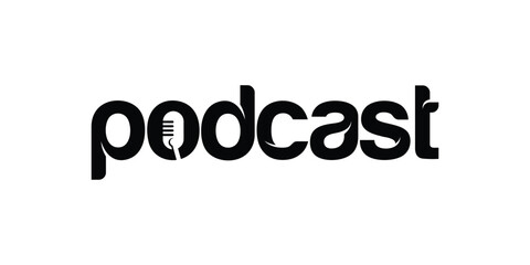 Typography Text Podcast Logo Design. Microphone Icon Vector Concept.