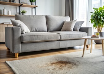 Dirty Stain on Grey Sofa in Living Room - A Close-Up View of a Neglected Couch with Dark Marks, Highlighting Home Maintenance and Cleaning Challenges in Interior Spaces