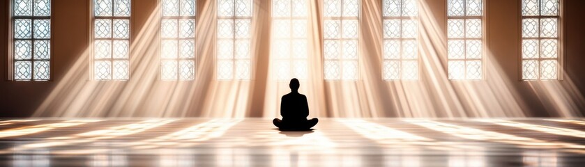 A serene figure meditating in a sunlit room, rays of light creating a peaceful and tranquil atmosphere.