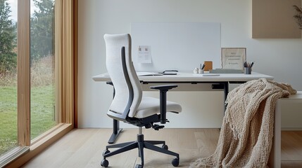 A stylish home office setup that blends comfort and professionalism, featuring an ergonomic chair, a sleek desk with minimalistic decor, and a large window providing natural light. A cozy blanket is