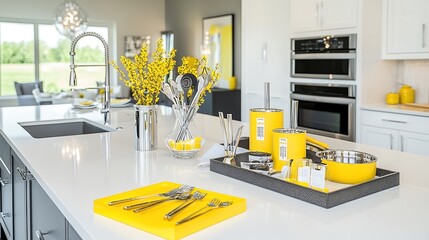 An open kitchen with perfectly arranged cookware and utensils, featuring a chic island centerpiece that emphasizes organization and functionality. The photo captures deep depth of field with vibrant