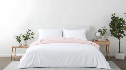 A serene bedroom setting featuring a neatly made bed, organized bedside tables, and decluttered surfaces. The image captures a sense of calm and relaxation, ideal for promoting an organized