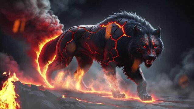 The wolf monster is burning on fire. Seamless 4K looping timelapse video animation background
