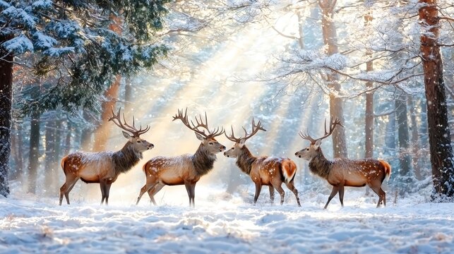 A stunning forest scene featuring a herd of red deer gracefully navigating through a snowy clearing, surrounded by tall evergreen trees. The sunlight filters through the branches, illuminating the