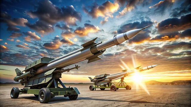 Wide-angle image of hellfire missiles and empty unguided missile launcher